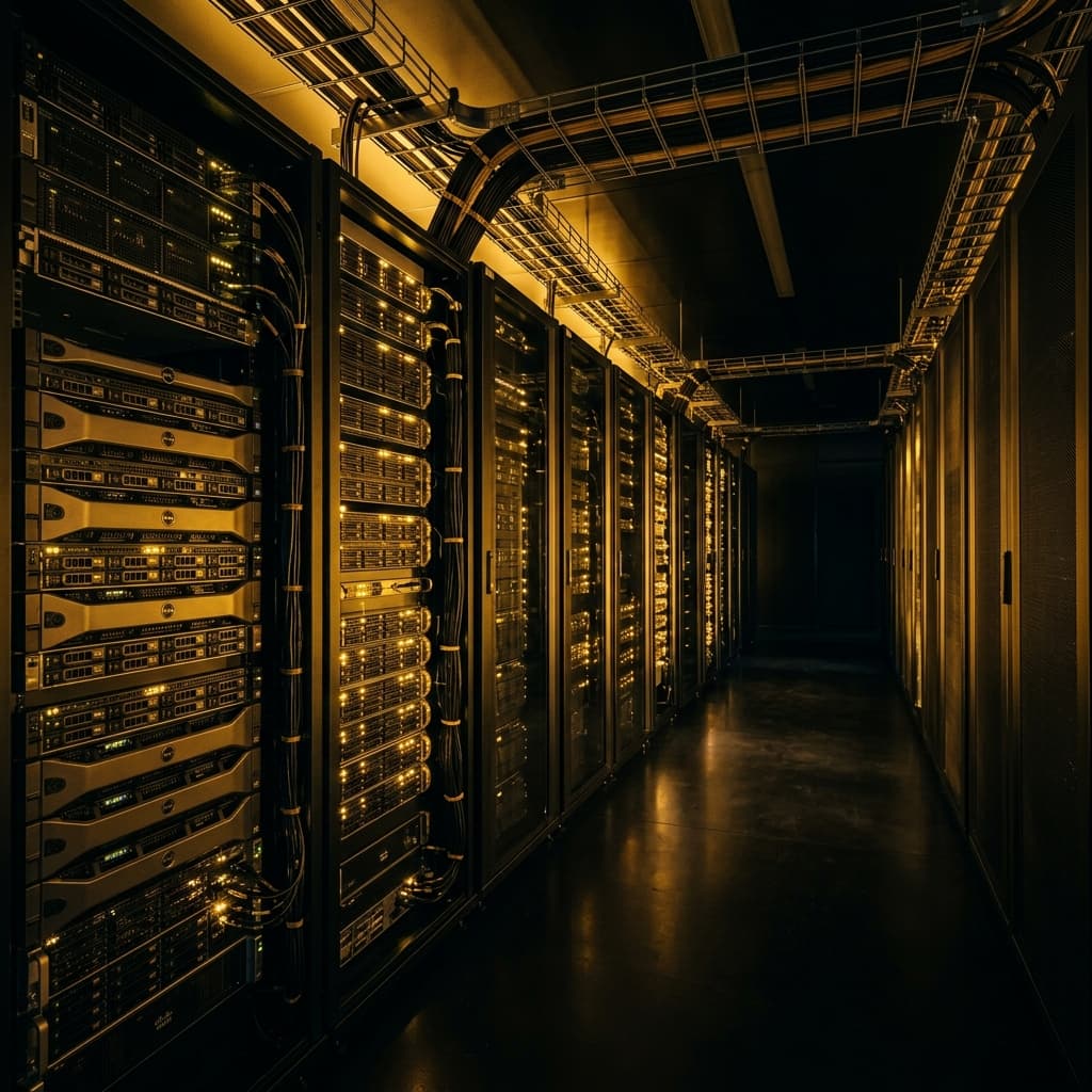 Corredor de rack de servidores em datacenter corporativo